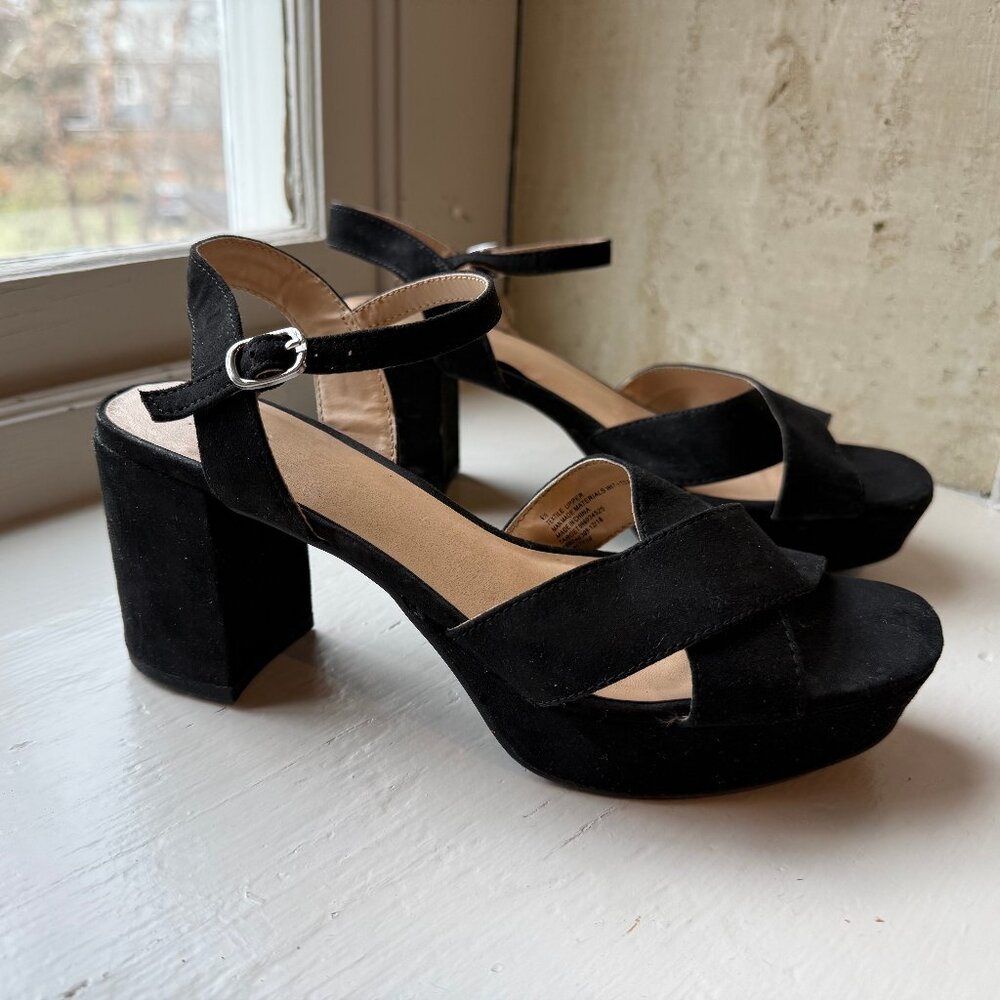 A New Day Platform Block Heel Sandals Black Satin Size 6.5